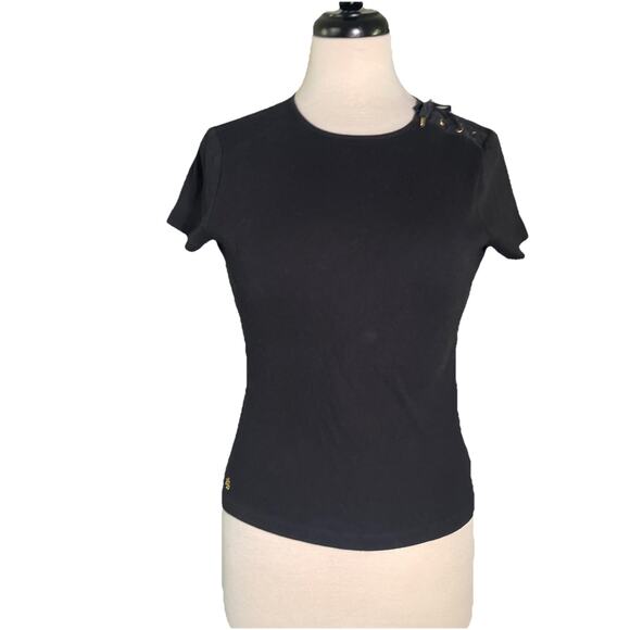 Lauren Ralph Lauren Women’s Tee Shirt Black Casual Gold Eyelet Tie Shoulder-SM - Picture 1 of 4